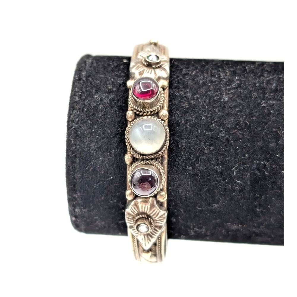 Vintage 70s Silver Metal Semi-Precious Stones India Cuff Bracelet